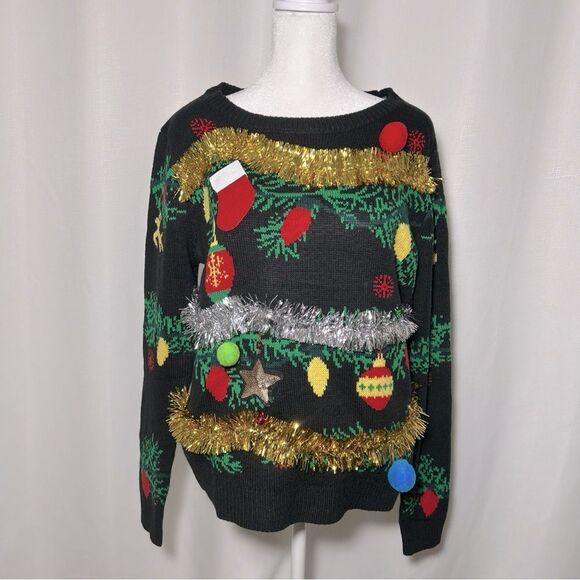 Women's No Boundaries Christmas Large Sweater Black Gold Silver Trim Ornaments - Picture 1 of 10